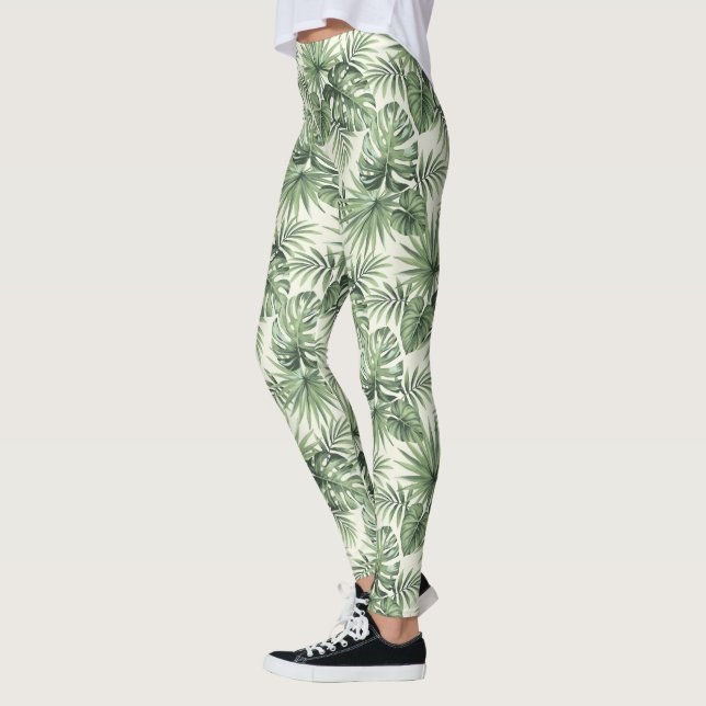 Legging Padrão de Folhas Tropicais Verdes (Esquerda)