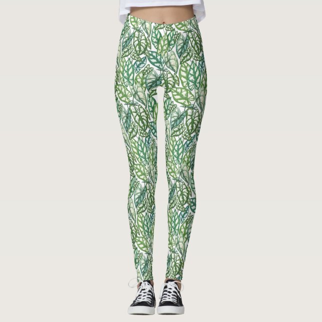 Legging Padrão de Folhas Tropicais Verdes (Frente)