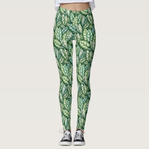 Legging Padrão de Folhas Tropicais Verdes