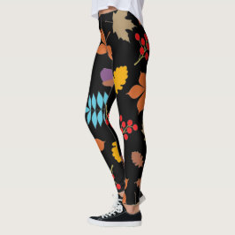 Legging Padrão de Folhas Vermelhas Marrom Elegante |