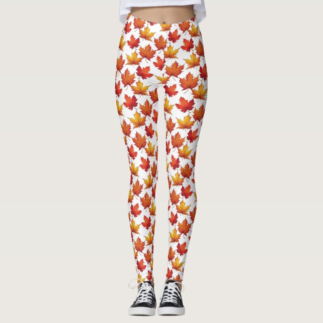 Legging Padrão de Folhas Vermelhas. Padrão de queda (Frente)