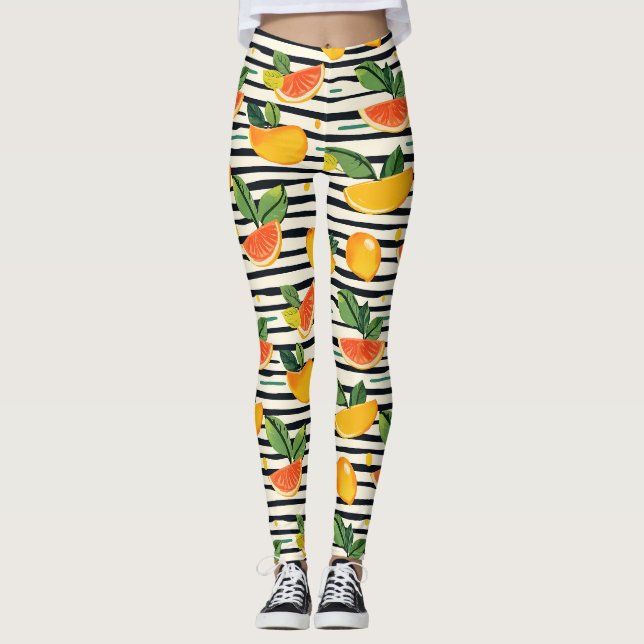 Legging Padrão de Fruta de Citros Vibrante com Folhas Verd (Frente)