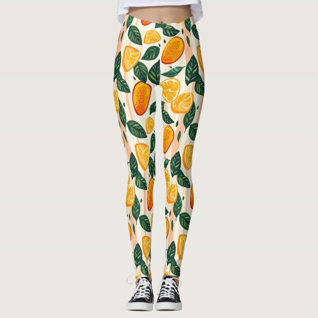 Legging Padrão de Fruta de Citros Vibrante com Folhas Verd (Frente)