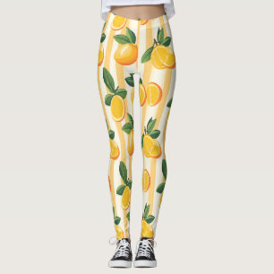 Legging Padrão de Fruta de Citros Vibrante com Folhas Verd