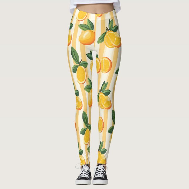 Legging Padrão de Fruta de Citros Vibrante com Folhas Verd (Frente)