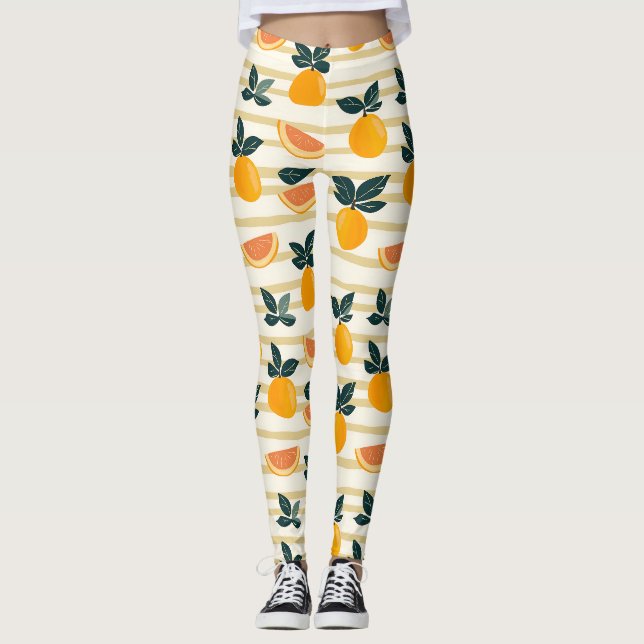 Legging Padrão de Fruta de Citros Vibrante com Folhas Verd (Frente)