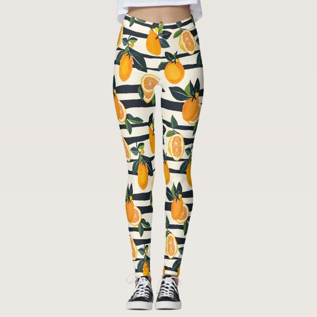 Legging Padrão de Fruta de Citros Vibrante com Folhas Verd (Frente)