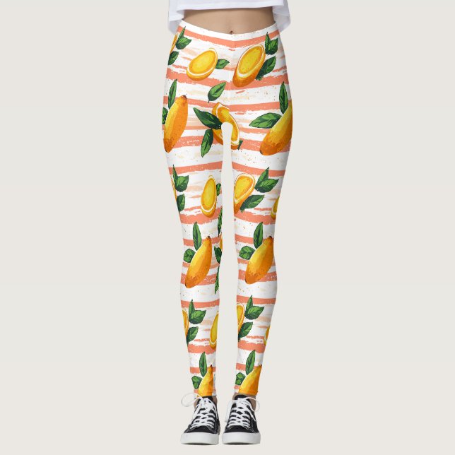 Legging Padrão de Fruta de Mango com Folhas Verdes (Frente)