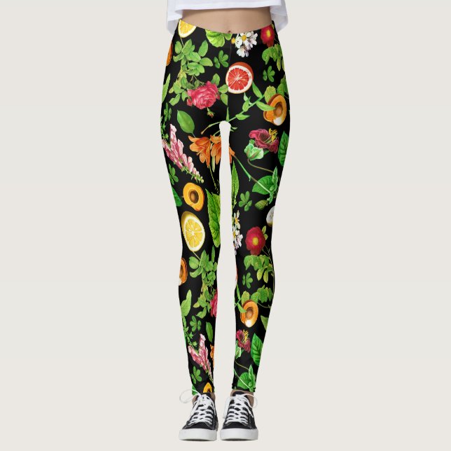 Legging Padrão de Frutas e Folhas no Preto (Frente)
