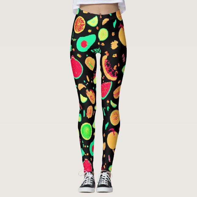 Legging Padrão de Frutas Neon Vibrante (Frente)