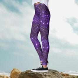 Legging Padrão de Galáxia Roxa Brilho Glitzy Glitter Legal