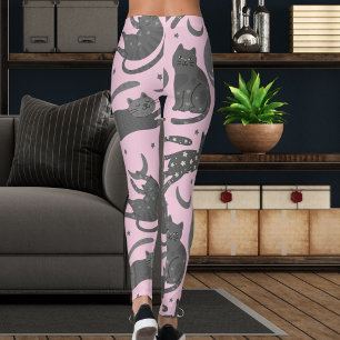 Legging Padrão de Gato Gatito Rosa e Cinza de Amante de An