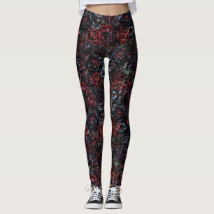 Legging Padrão de Gato Preto Gótico e Flores Escuras
