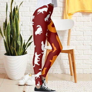 Legging Padrão de Gato Vermelho Cor de Laranja Branco Pers