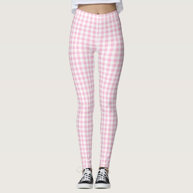 Legging Padrão de Gingham Branco e Rosa Elegante (Frente)