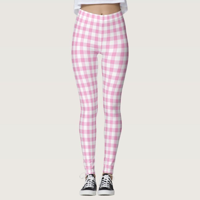 Legging Padrão de Gingham Branco e Rosa Elegante (Frente)