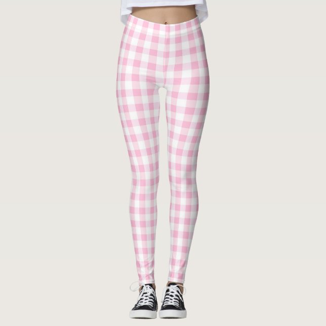 Legging Padrão de Gingham Branco e Rosa Elegante (Frente)