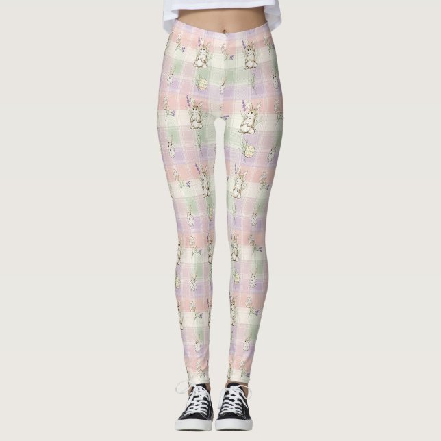 Legging Padrão de Gingham de Ovo de Coelho Pastel de Prima (Frente)