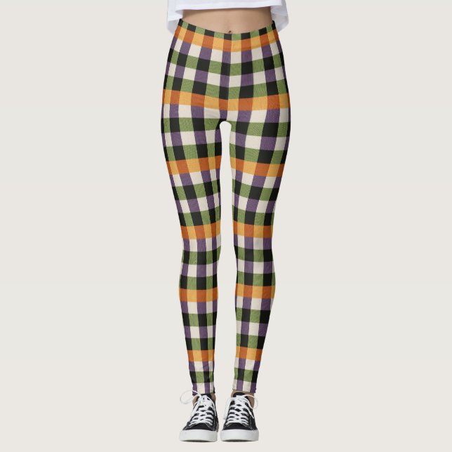 Legging Padrão de gingham preto e roxo do Halloween (Frente)