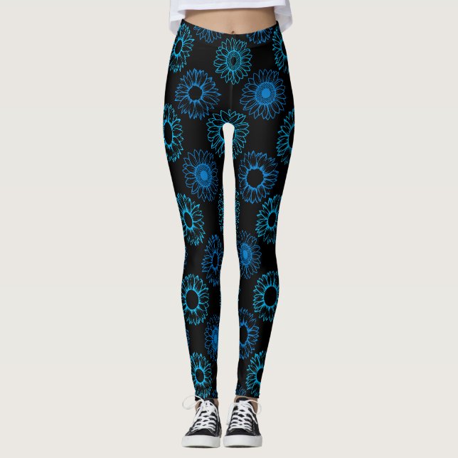 Legging Padrão de Girassóis Azuis BG Preto (Frente)