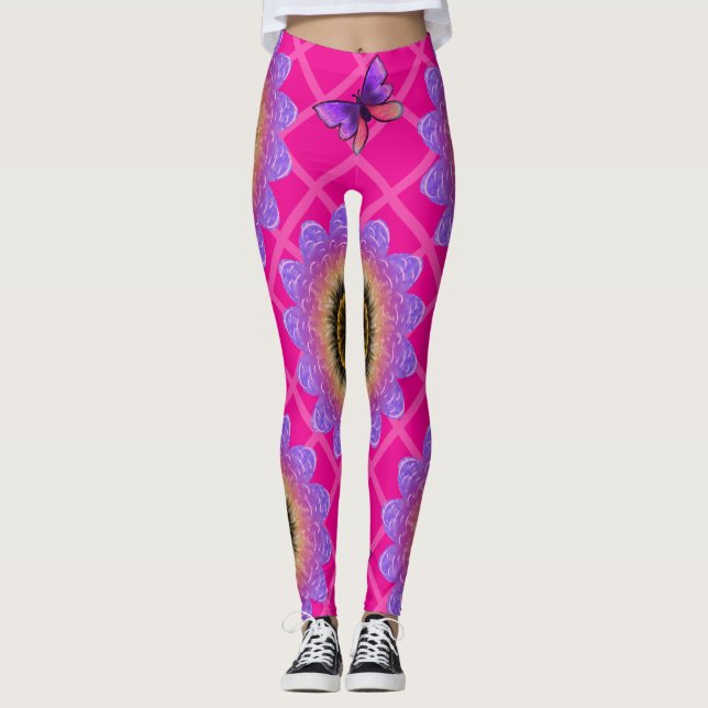 Legging Padrão de Girassol e Borboleta de Veludo Roxo (Frente)