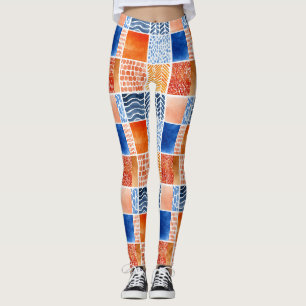 Legging Padrão de Grade de Aquarela Vibrante em Azul e Lar
