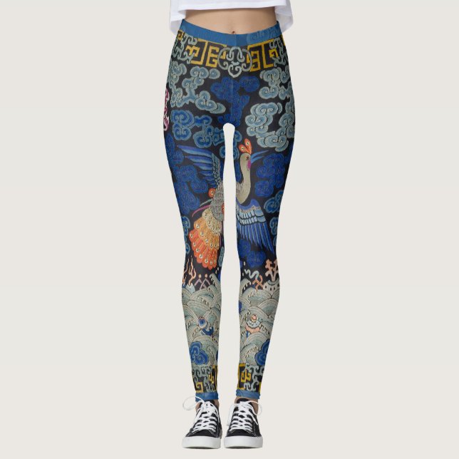 Legging Padrão de Grou Chinês Vintage: Azul Imperial (Frente)