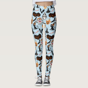 Legging Padrão de Halloween. Assustador e fofo Fundo Azul
