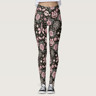 Legging Padrão de Halloween de Abóbora e Teia Rosa e Preto