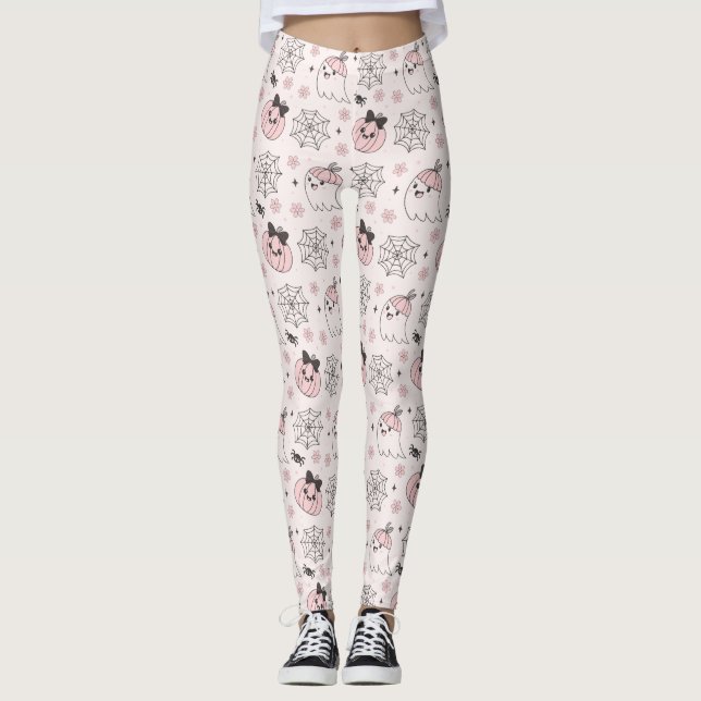 Legging Padrão de Halloween Rosa de Kawaii com Fantasma, A (Frente)