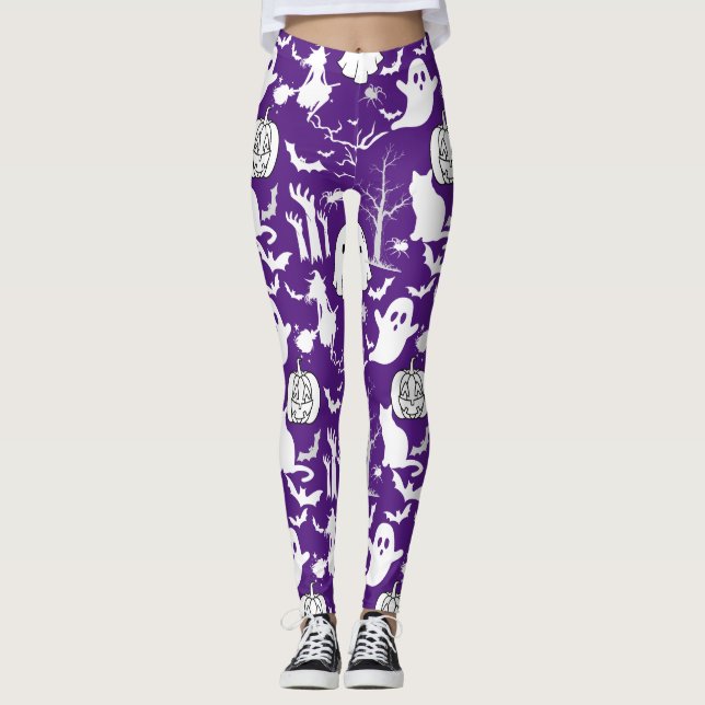 Legging Padrão de Halloween. Spooky e fofo.b D Purple BG (Frente)