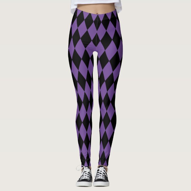 Legging Padrão de harlequin Mardi Gras preto e roxo (Frente)