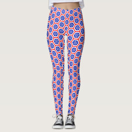 Legging Padrão de hexágonos branco-vermelho e azul