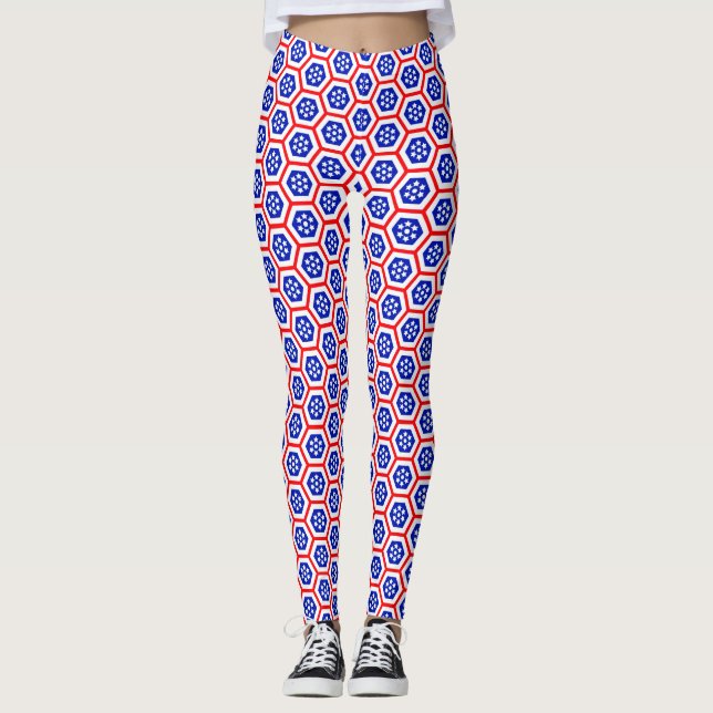 Legging Padrão de hexágonos branco-vermelho e azul (Frente)