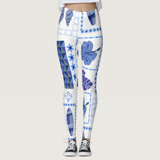 Legging Padrão de Hibisco de Prancha de Surf Tropical Azul