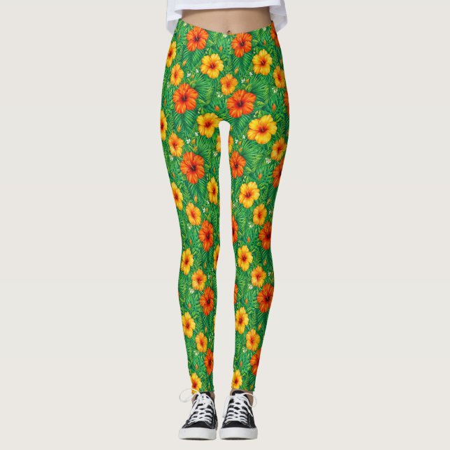 Legging Padrão de Hibisco Tropical na Selva (Frente)