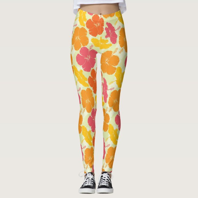Legging Padrão de Hibiscus Floral Tópico (Frente)