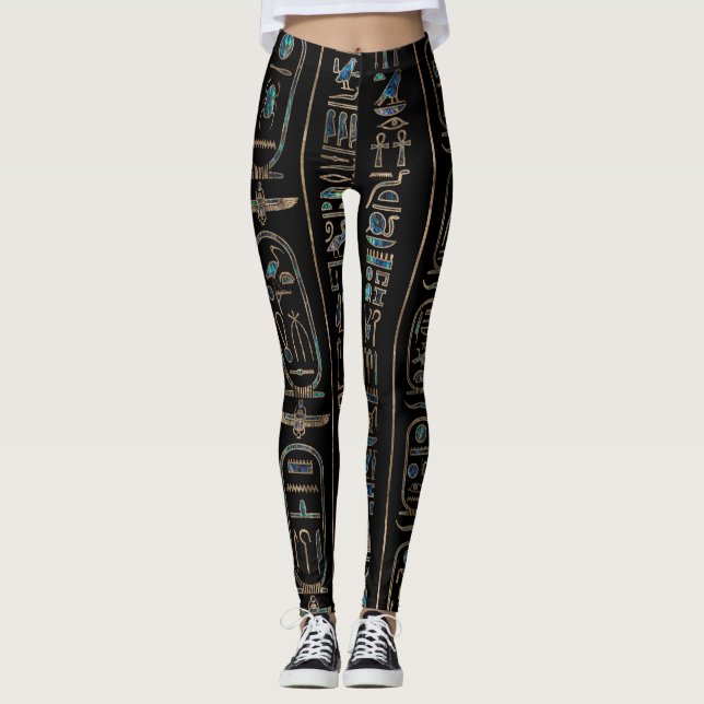 Legging Padrão de hieróglifos egípcios Dourado Abalone (Frente)