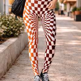 Legging Padrão de Ilusão Xadrez Laranja Vermelho Ousado