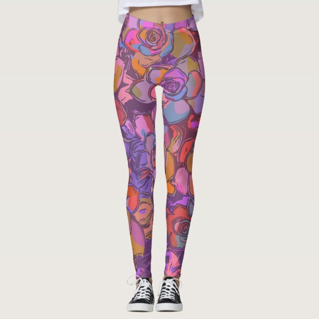 Legging Padrão de Ilustração da Flor Botânica em Roxo (Frente)