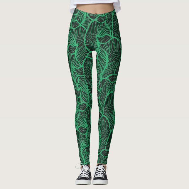 Legging padrão de ilustração de folhas verdes (Frente)