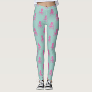 Legging Padrão de Ilustração de Octopus Bonito Aqua e Fuch