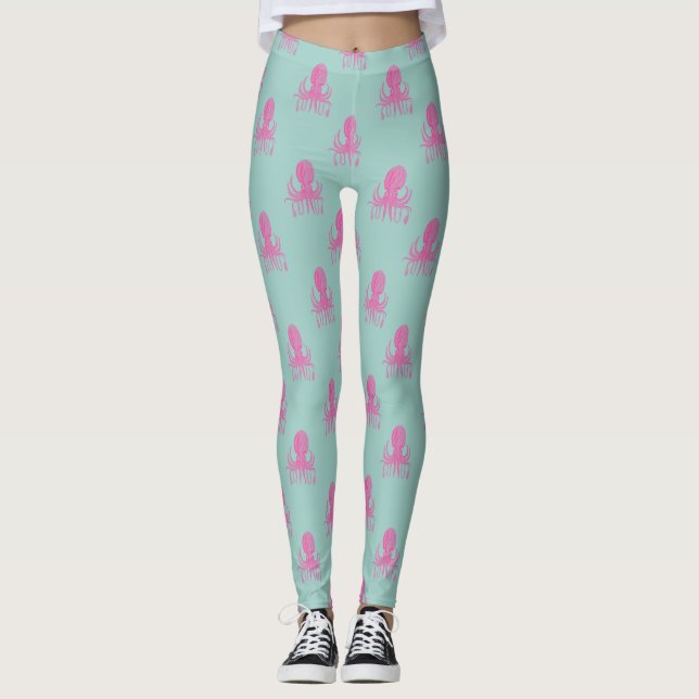 Legging Padrão de Ilustração de Octopus Bonito Aqua e Fuch (Frente)