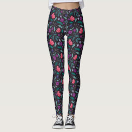 Legging Padrão de Ilustração Floral Rosa e Púrpura