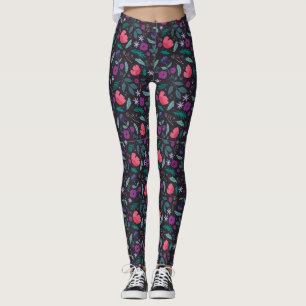 Legging Padrão de Ilustração Floral Rosa e Púrpura