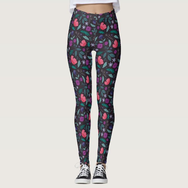 Legging Padrão de Ilustração Floral Rosa e Púrpura (Frente)