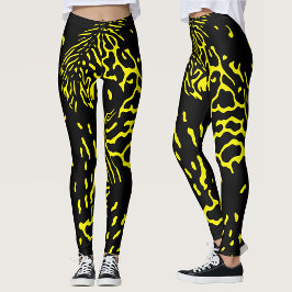 Legging Padrão de Impressão Animal Abstrato Preto Amarelo
