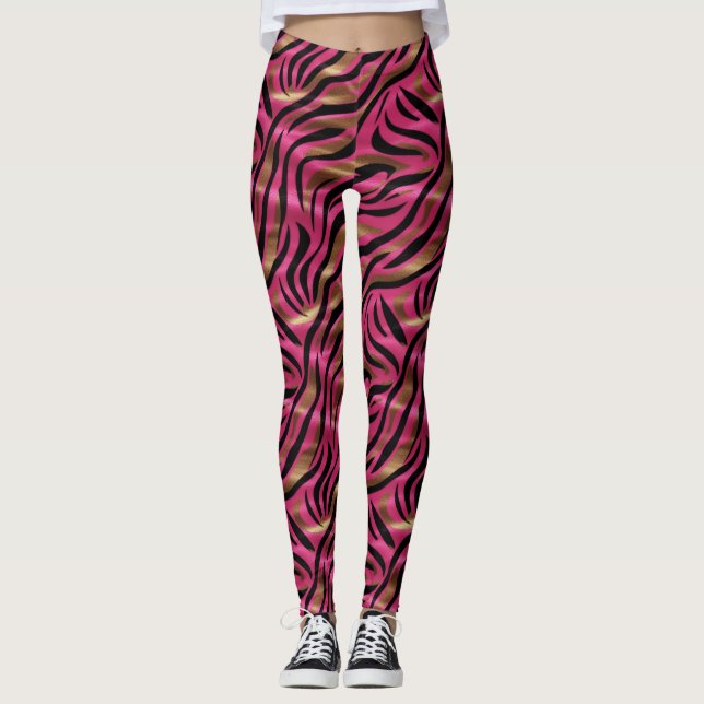 Legging Padrão de Impressão Animal Dourado de Zebra Rosa P (Frente)