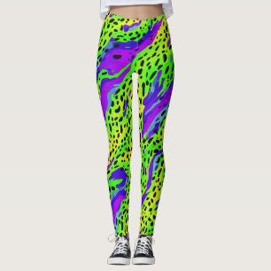 Legging Padrão de Impressão Animal Verde Neon e Roxo Legal