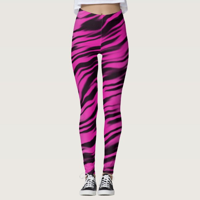Legging Padrão de Impressão de Faixa de Tigre Preta Rosa (Frente)